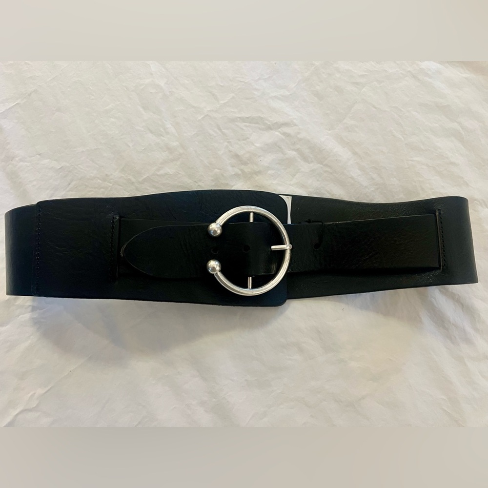NWT ZARA Wide Black Leather Belt with Silver Piercing Buckle